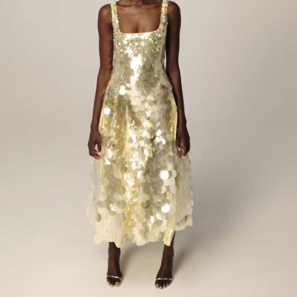 ARRANGE embellished disc sequin square neck full skirt midi dress in lemon